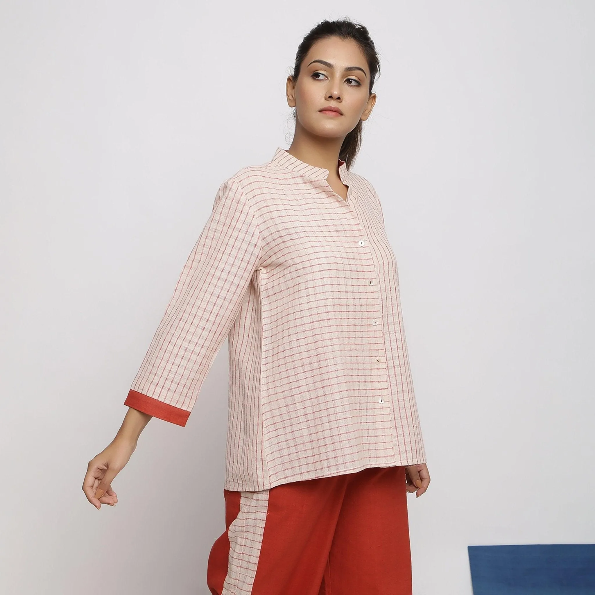 Off-White and Red Vegetable Dyed Cotton Mandarin Collar Shirt