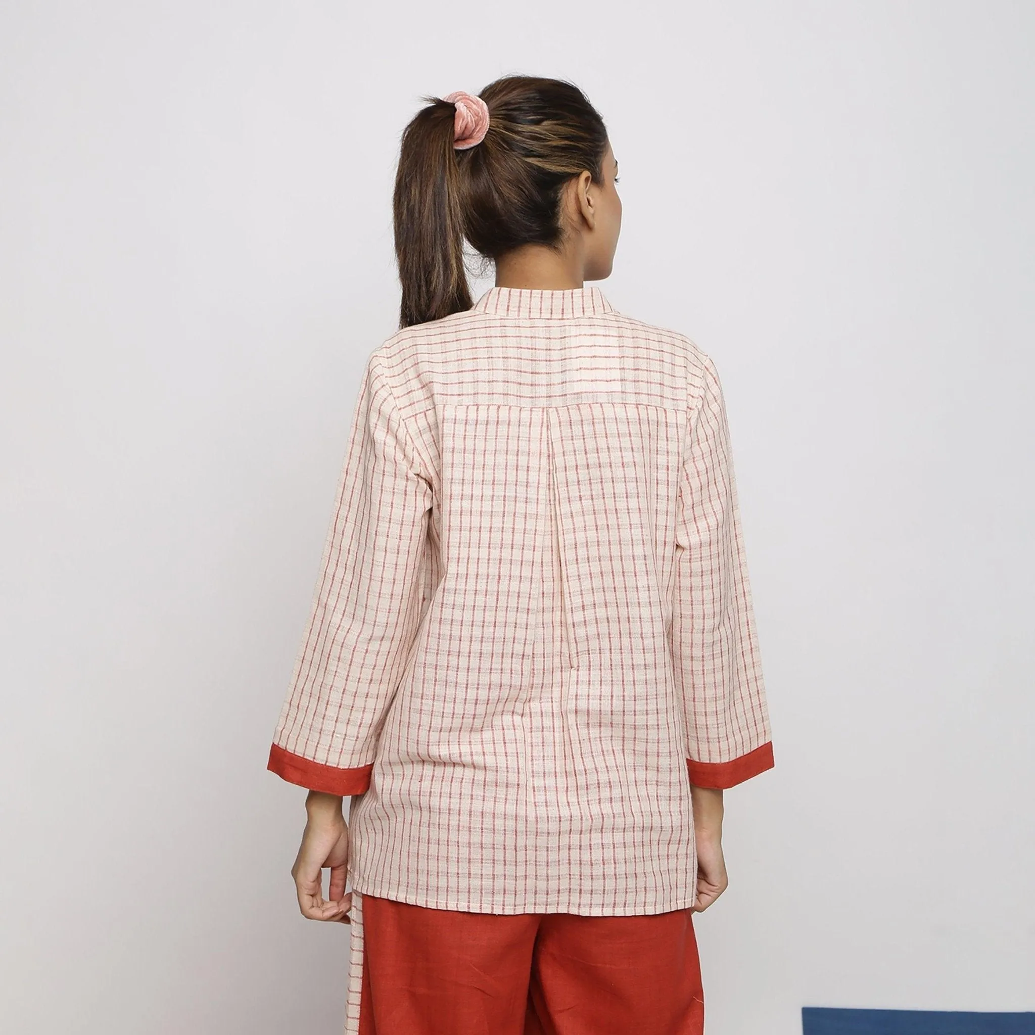 Off-White and Red Vegetable Dyed Cotton Mandarin Collar Shirt