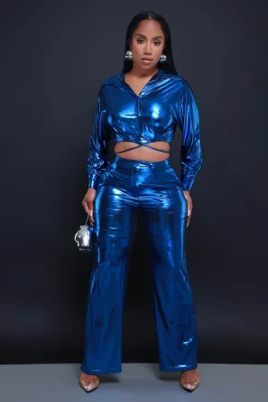 On The Radar Cropped Metallic Pants Set - Blue