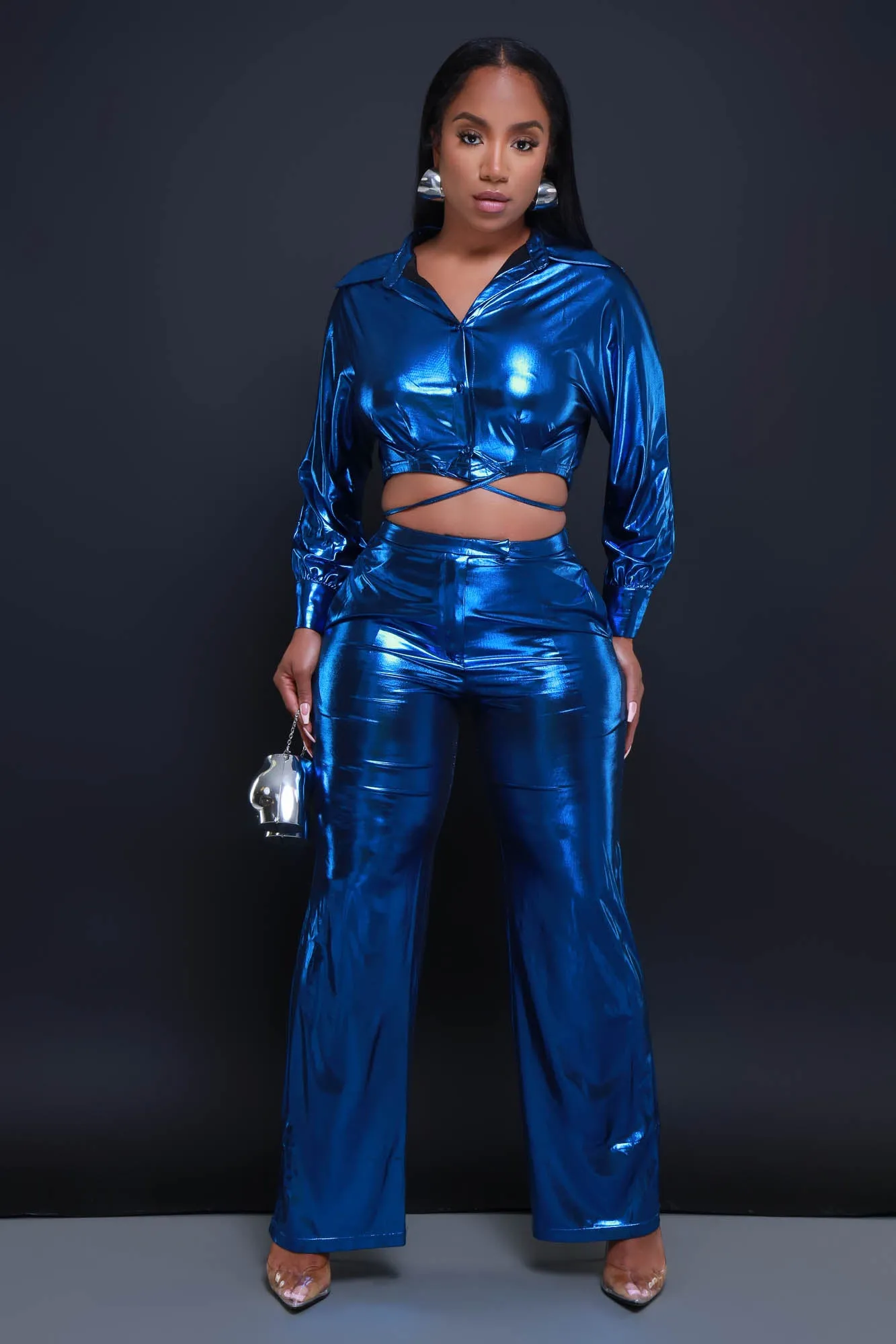On The Radar Cropped Metallic Pants Set - Blue
