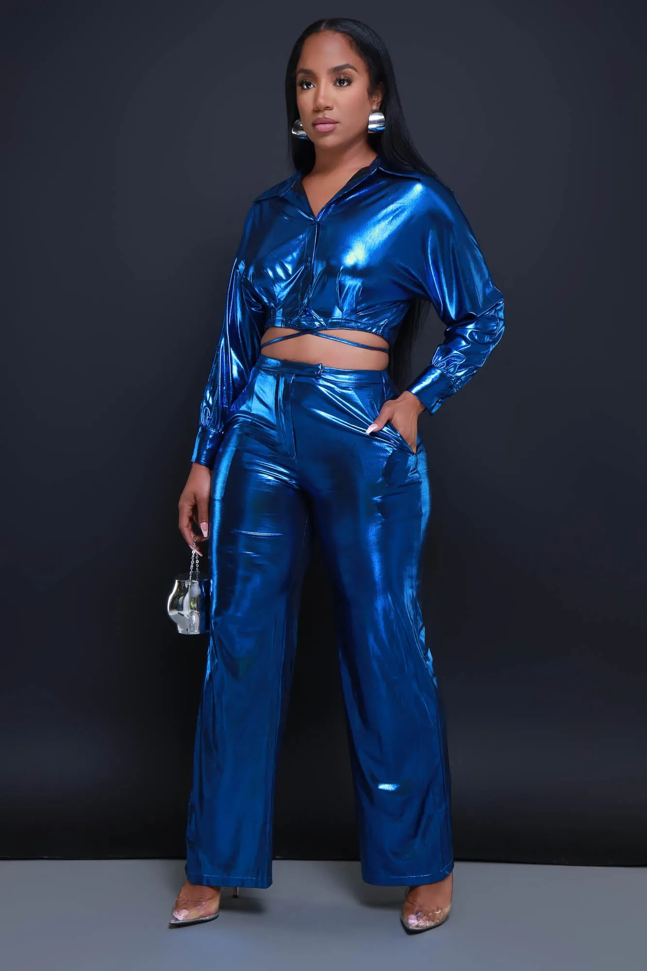 On The Radar Cropped Metallic Pants Set - Blue
