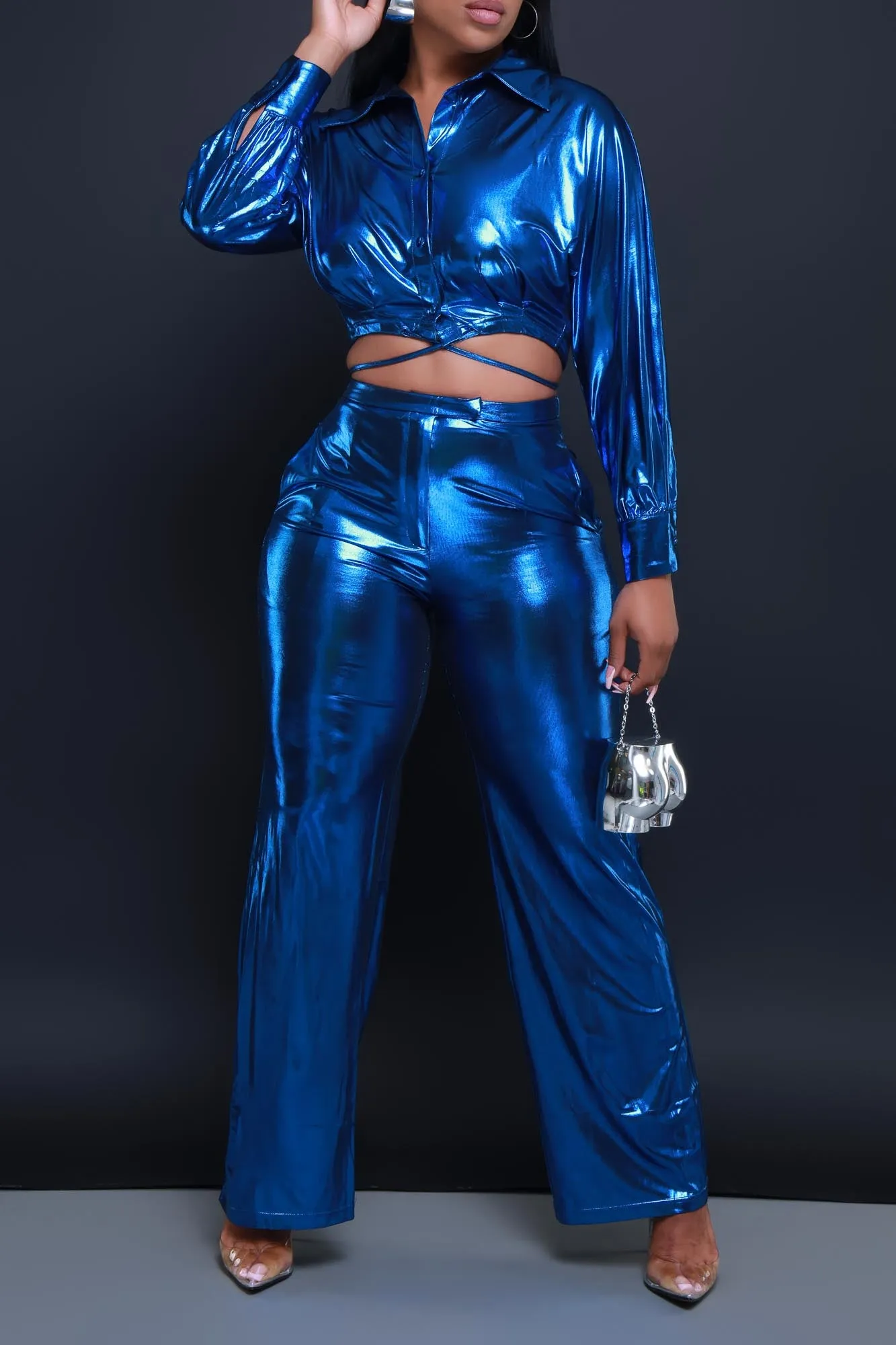 On The Radar Cropped Metallic Pants Set - Blue