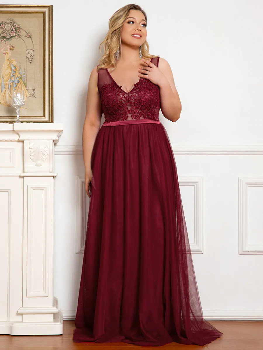 Plus Size A-Line V-Neck Floral Lace Appliques Wholesale Bridesmaid Dress