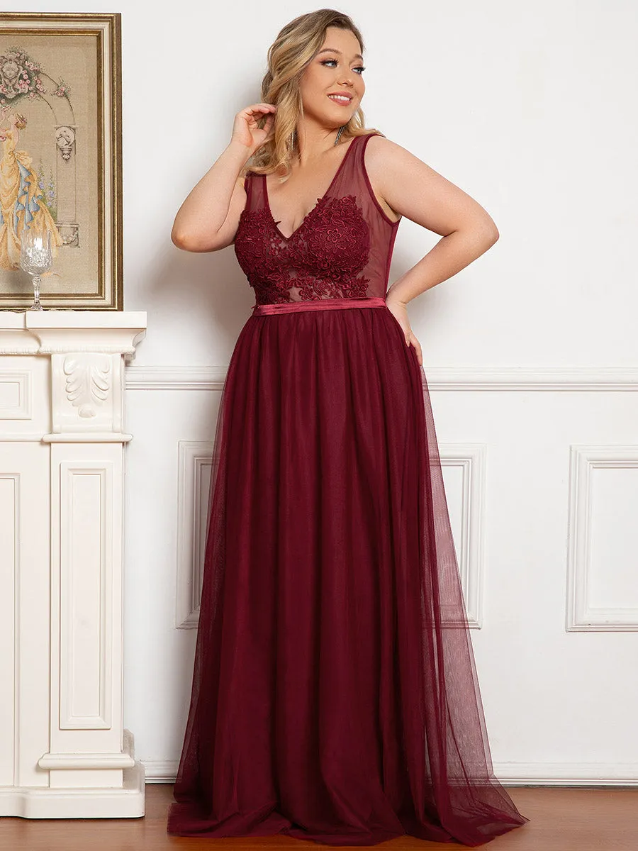 Plus Size A-Line V-Neck Floral Lace Appliques Wholesale Bridesmaid Dress