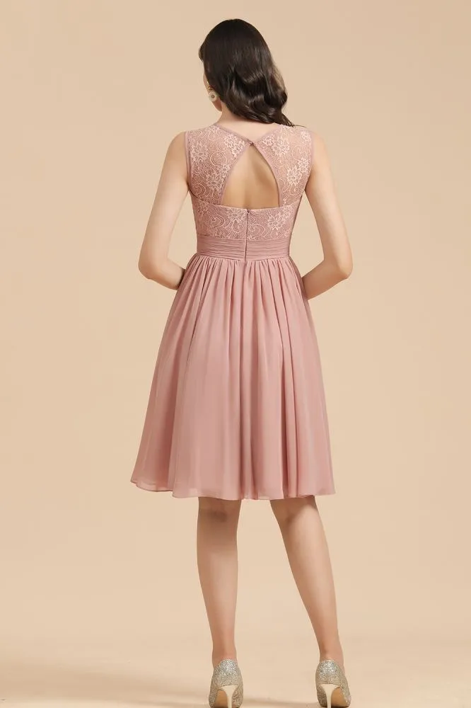 Sleeveless Crew neck Lace Chiffon Party Dress Mini Bridesmaid Dress
