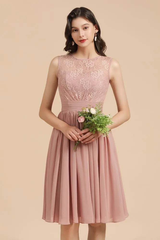 Sleeveless Crew neck Lace Chiffon Party Dress Mini Bridesmaid Dress