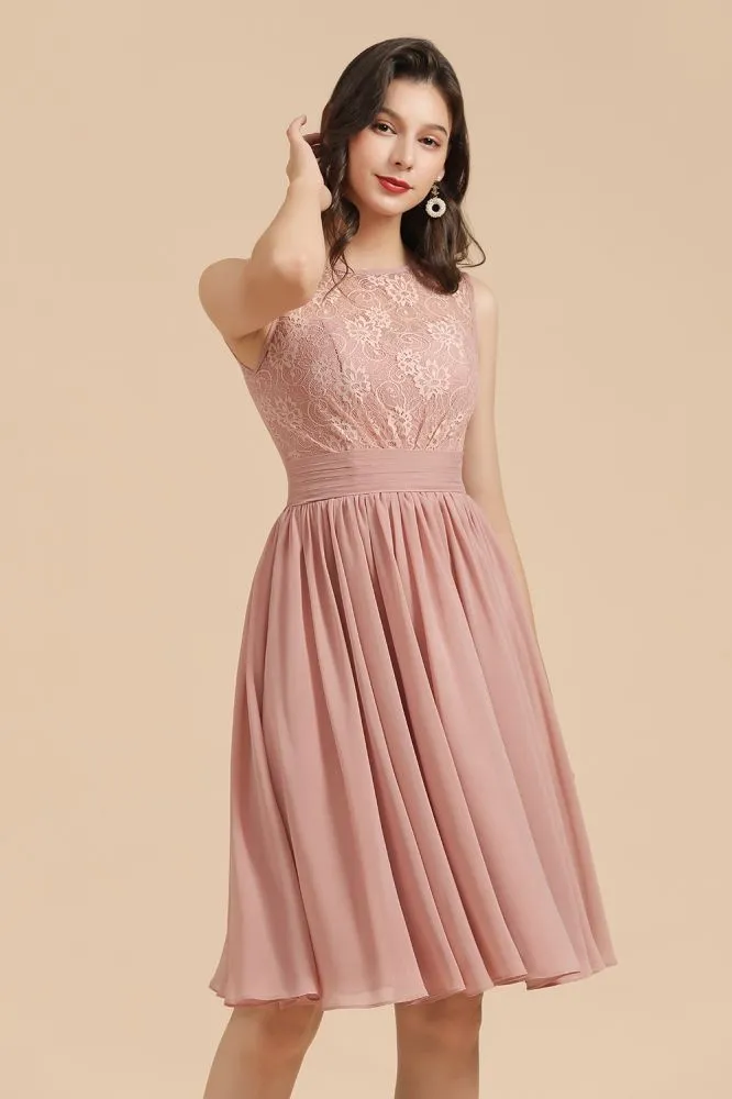 Sleeveless Crew neck Lace Chiffon Party Dress Mini Bridesmaid Dress