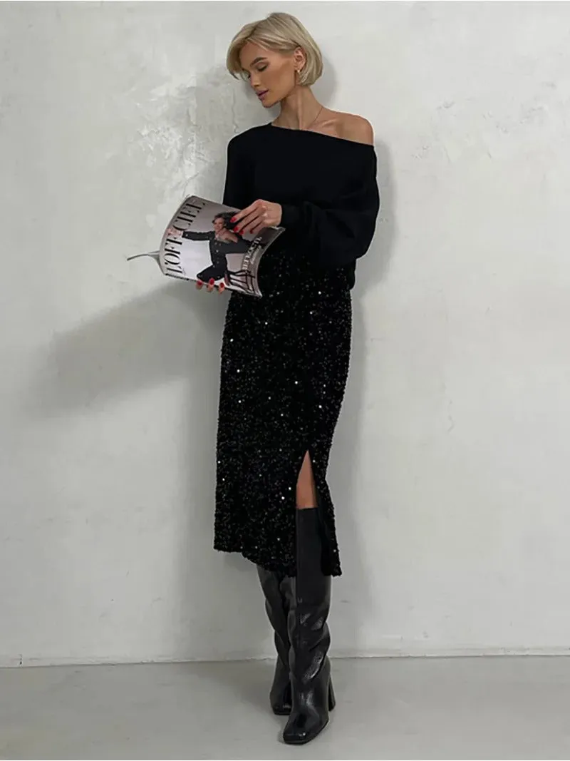 Sparkling Sequins Side Slit Midi Skirt