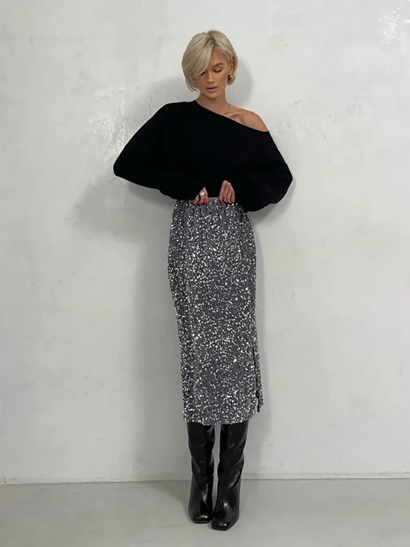 Sparkling Sequins Side Slit Midi Skirt