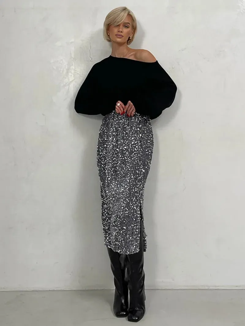 Sparkling Sequins Side Slit Midi Skirt