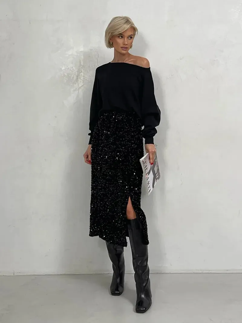 Sparkling Sequins Side Slit Midi Skirt