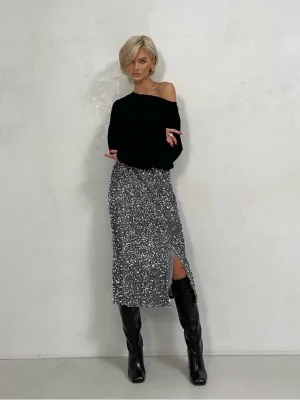 Sparkling Sequins Side Slit Midi Skirt