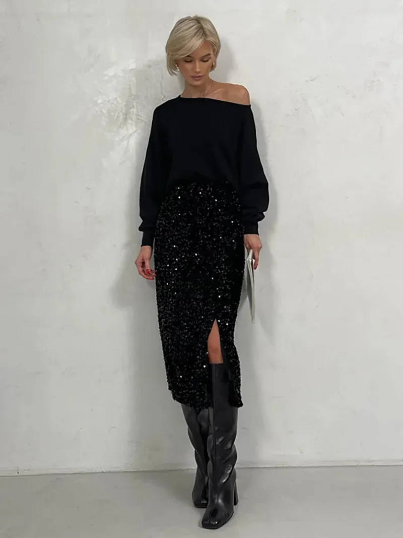 Sparkling Sequins Side Slit Midi Skirt