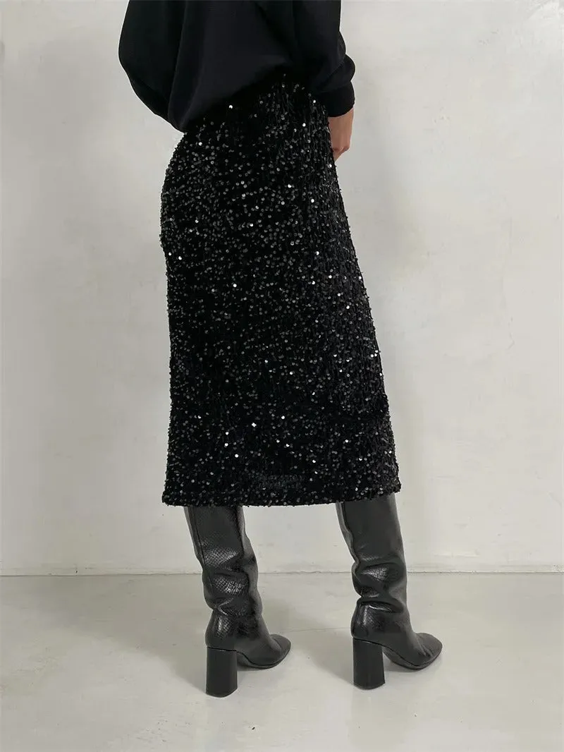Sparkling Sequins Side Slit Midi Skirt