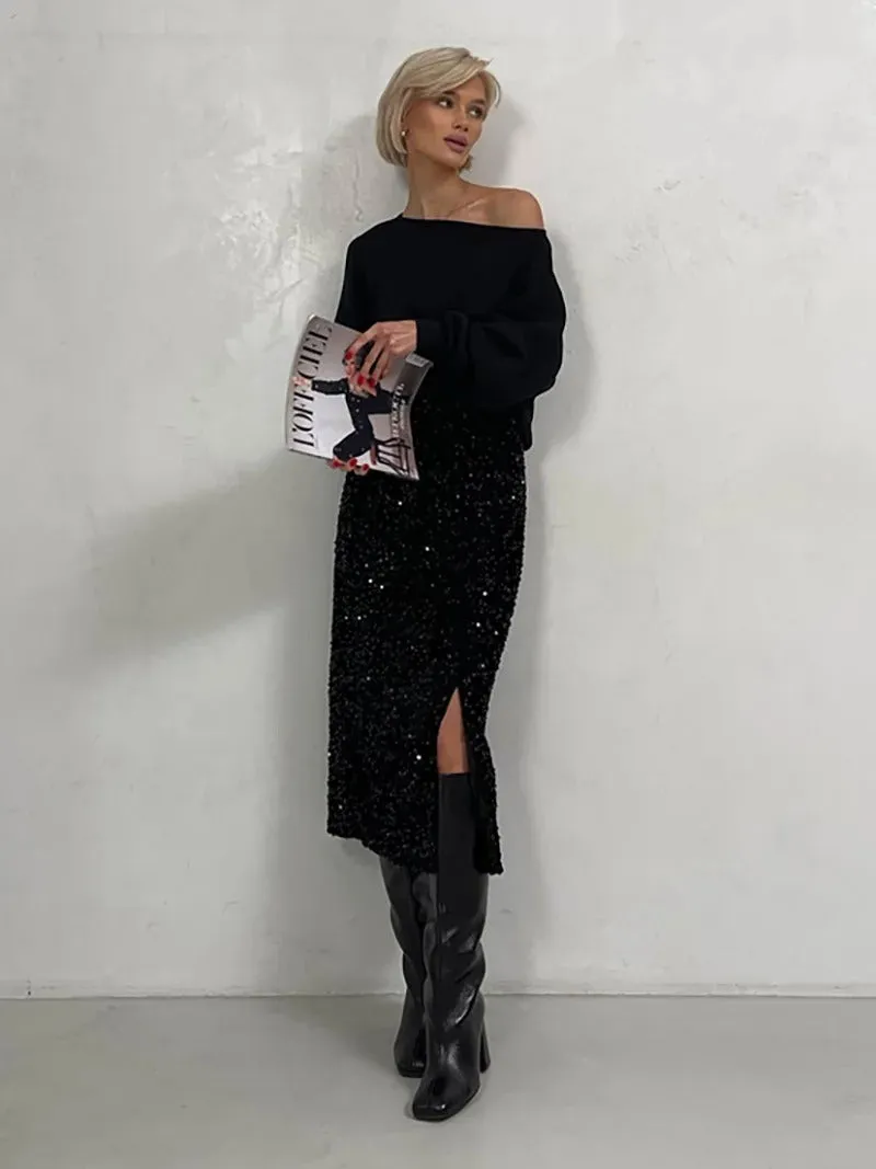 Sparkling Sequins Side Slit Midi Skirt