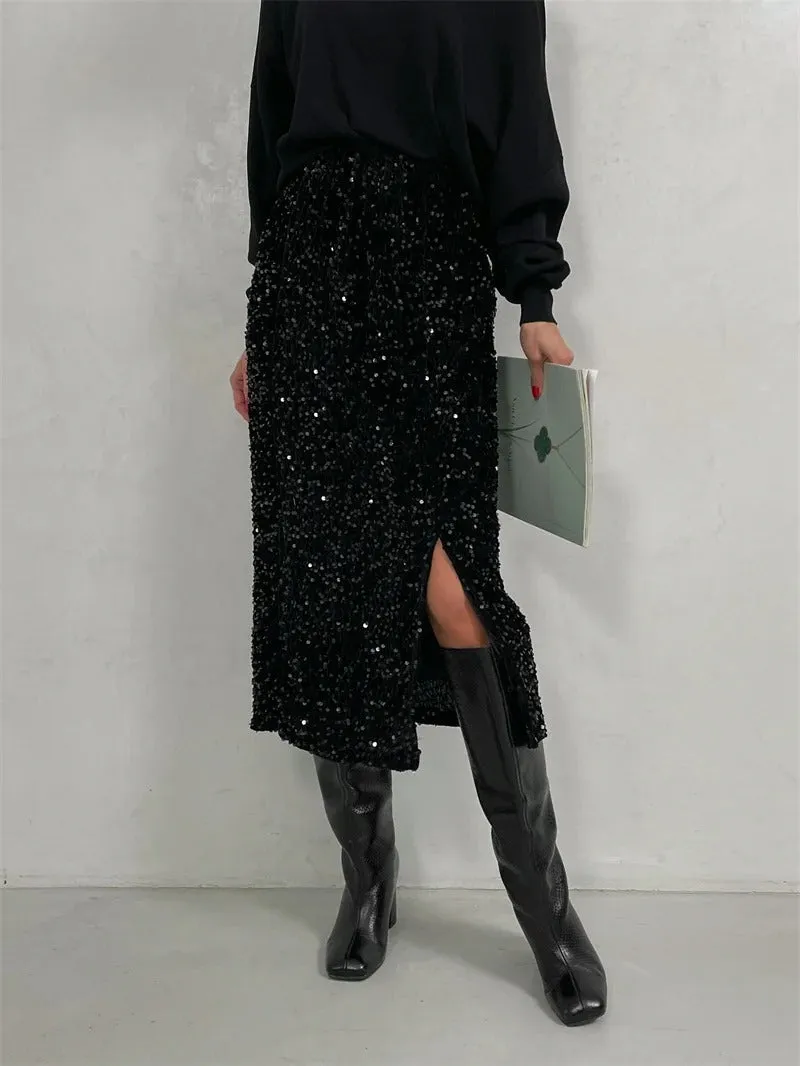 Sparkling Sequins Side Slit Midi Skirt