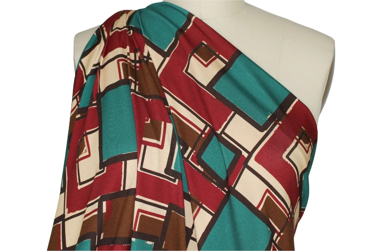 Thru the Window French Rayon Jersey - Browns/Cream/Red/Teal