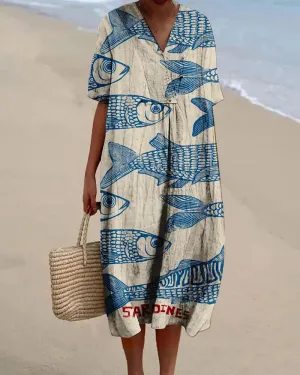 Vintage Sardine Art Print Flowy Dress for Women