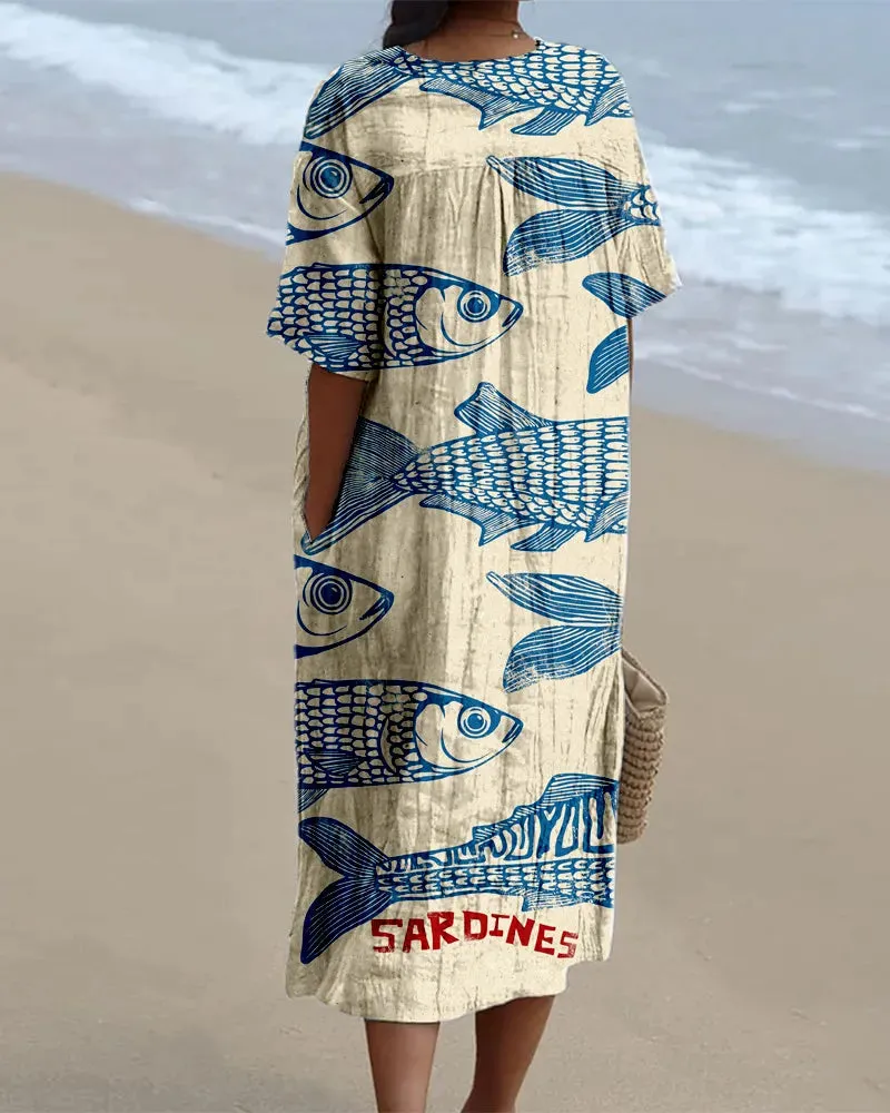 Vintage Sardine Art Print Flowy Dress for Women