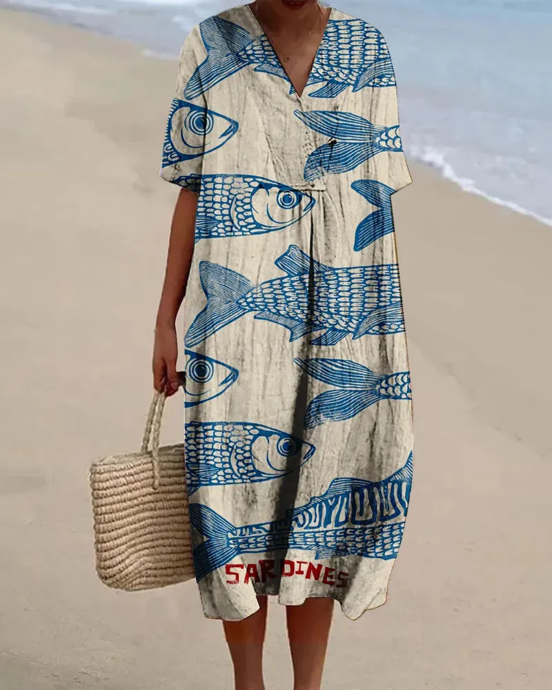 Vintage Sardine Art Print Flowy Dress for Women