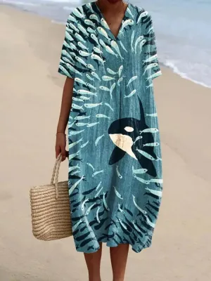 Vintage Whale Art Print Flowy Dress