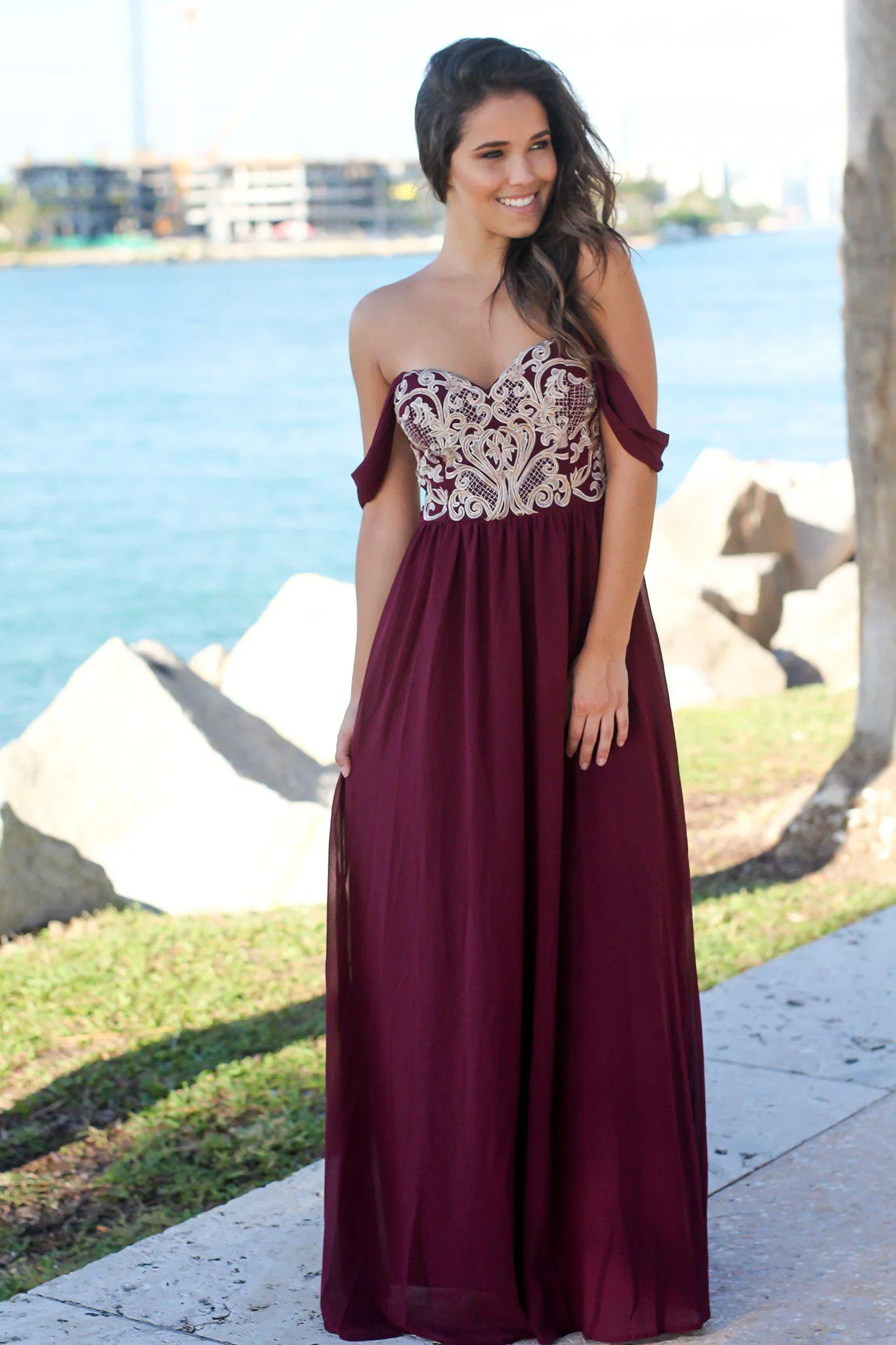 Wine Off Shoulder Maxi Dress with Embroidered Top