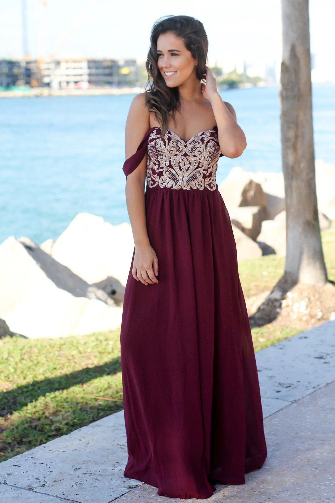Wine Off Shoulder Maxi Dress with Embroidered Top