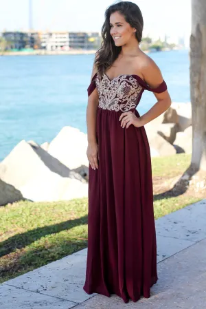 Wine Off Shoulder Maxi Dress with Embroidered Top