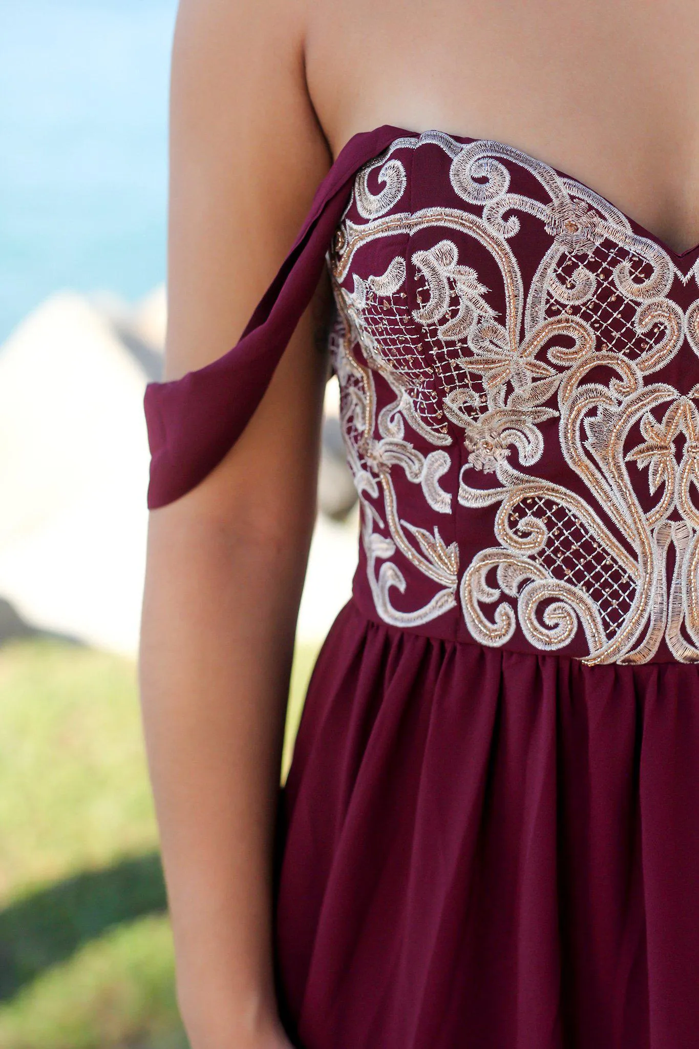 Wine Off Shoulder Maxi Dress with Embroidered Top