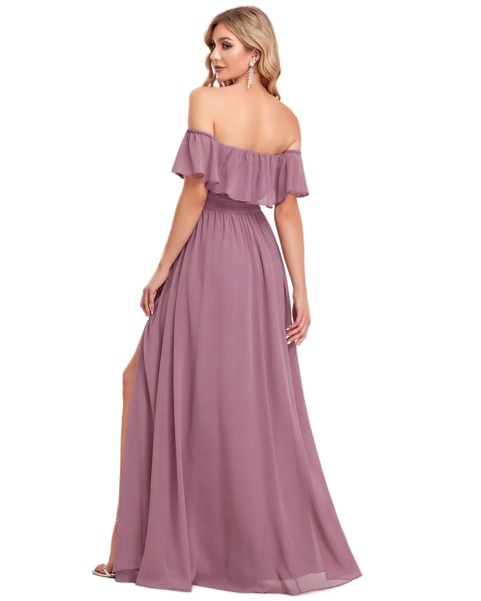 Women's Off Shoulder Ruffle Thigh Slit Bridesmaid Dresses | Purple Orchid