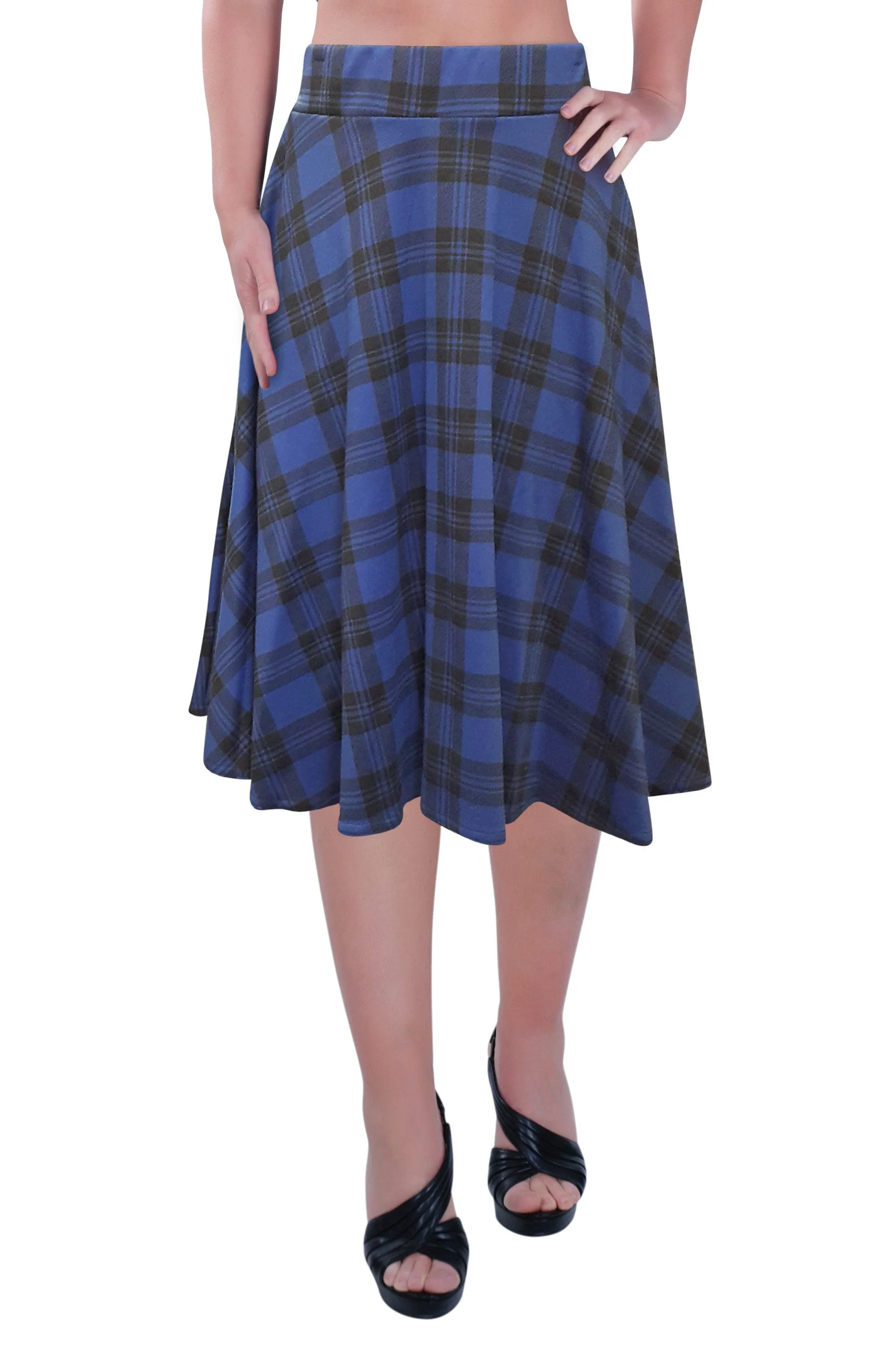 Womens Plus Size Tartan Check Print Elastic Ladies Knee Length Skater Flared Skirt Sizes 14 to 28