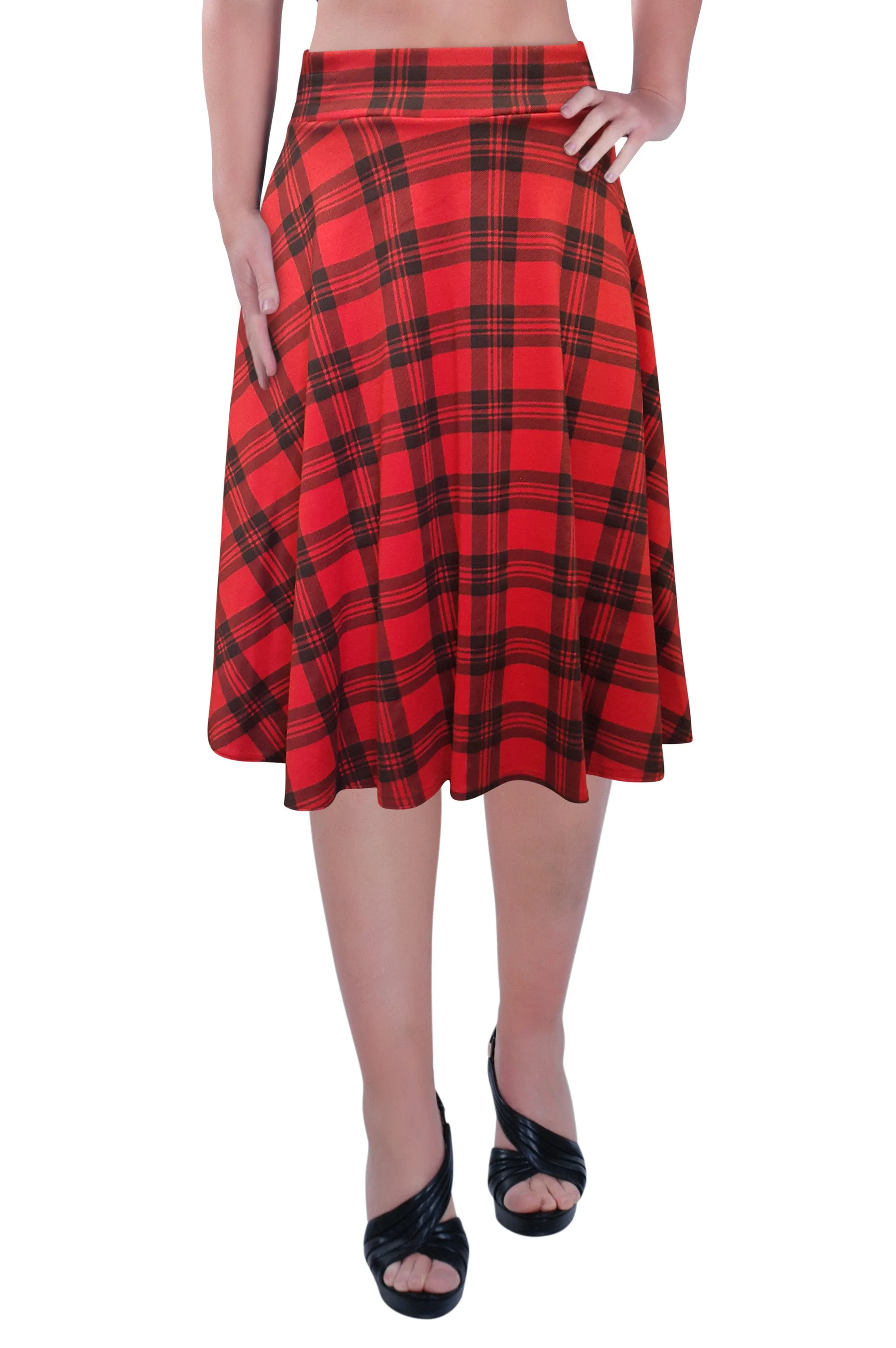 Womens Plus Size Tartan Check Print Elastic Ladies Knee Length Skater Flared Skirt Sizes 14 to 28