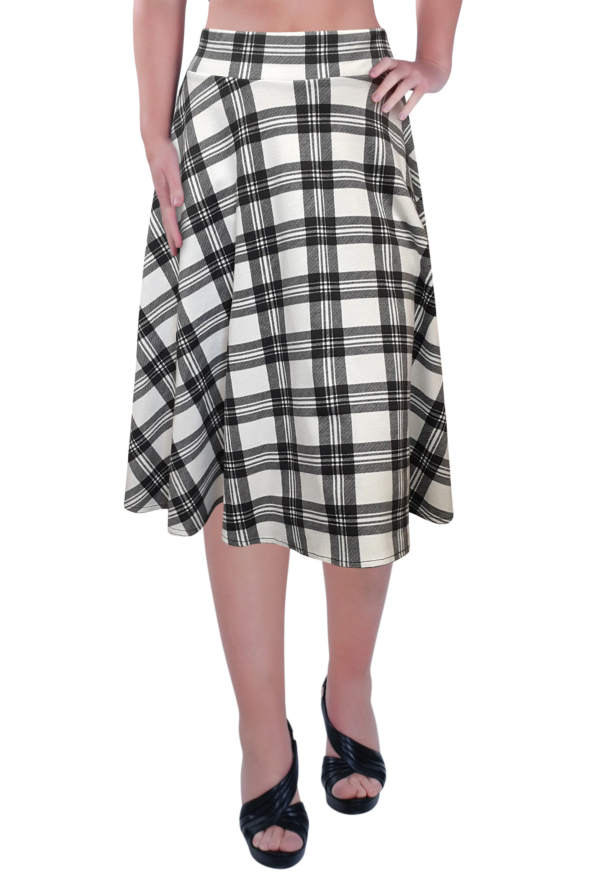 Womens Plus Size Tartan Check Print Elastic Ladies Knee Length Skater Flared Skirt Sizes 14 to 28