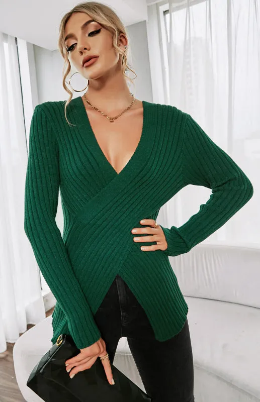 Women's V-Neck Ribbed Crossover Jumper