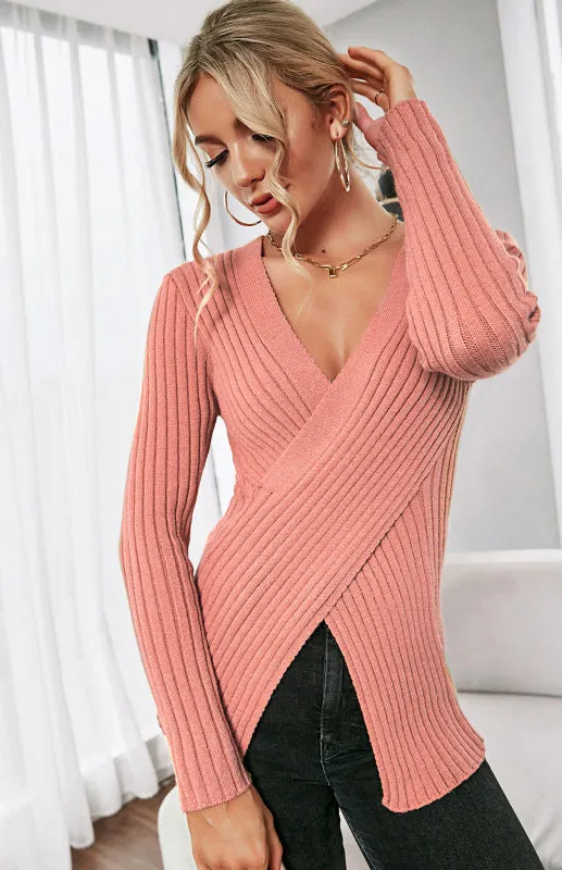 Women's V-Neck Ribbed Crossover Jumper