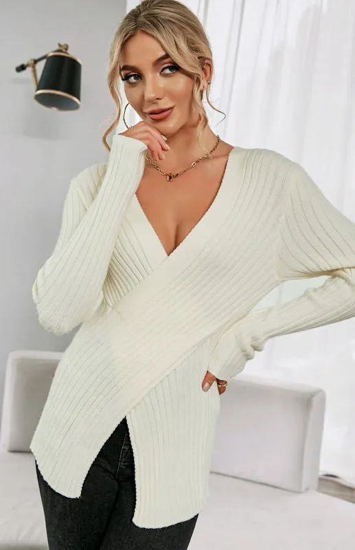 Women's V-Neck Ribbed Crossover Jumper